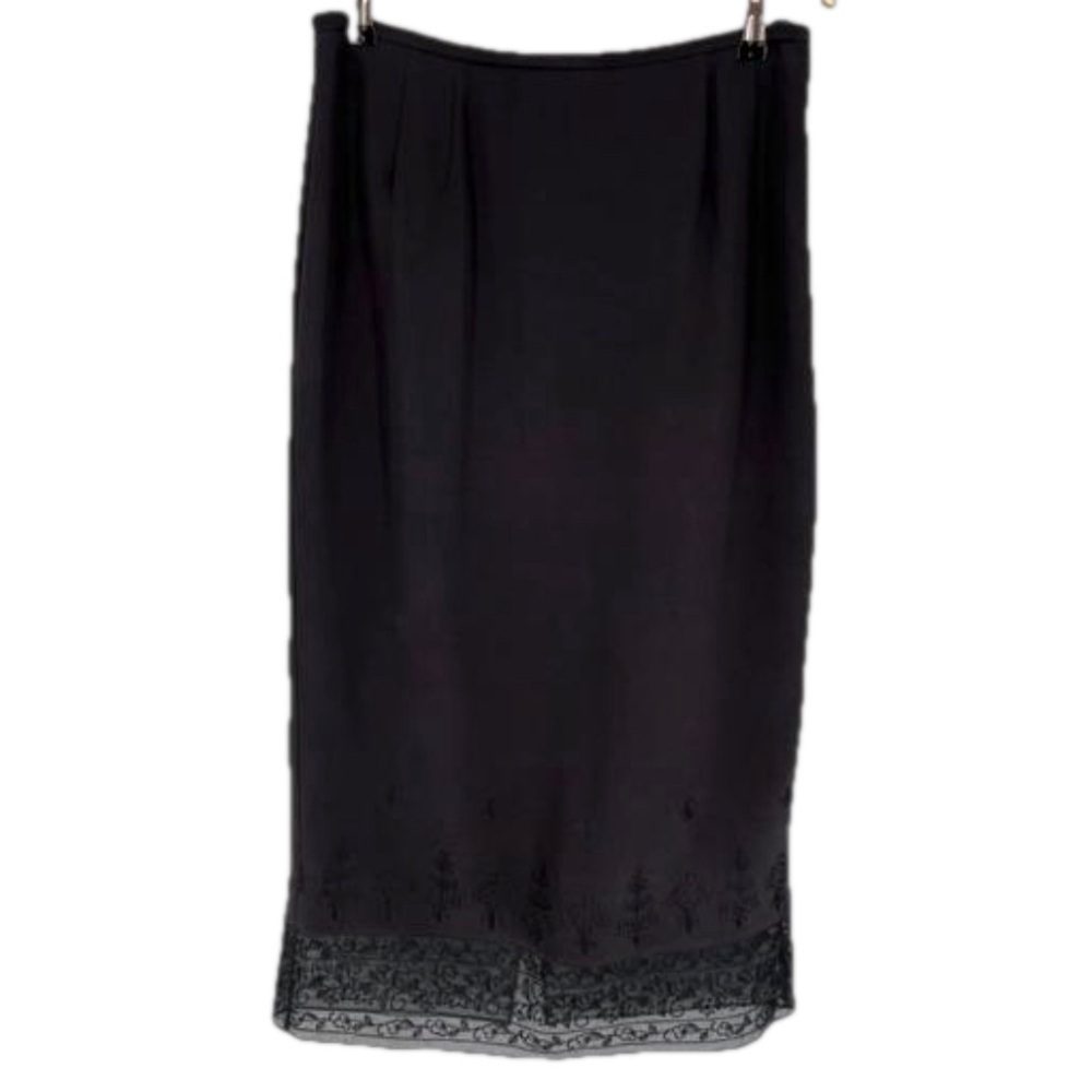 Talbots Coquette Midi 100% Silk Skirt Size 12P Black Embroidered Classic Vintage